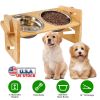 Bamboo Double Dog Raised Bowls 15° Tilt Elevated Dog Bowls with 4 Adjustable Heights 2 Stainless Steel Bowls Pet Feeder for Dogs Cats Rabbits